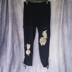 White House Black Market Straight Crop Floral Embroidered Cargo Pants